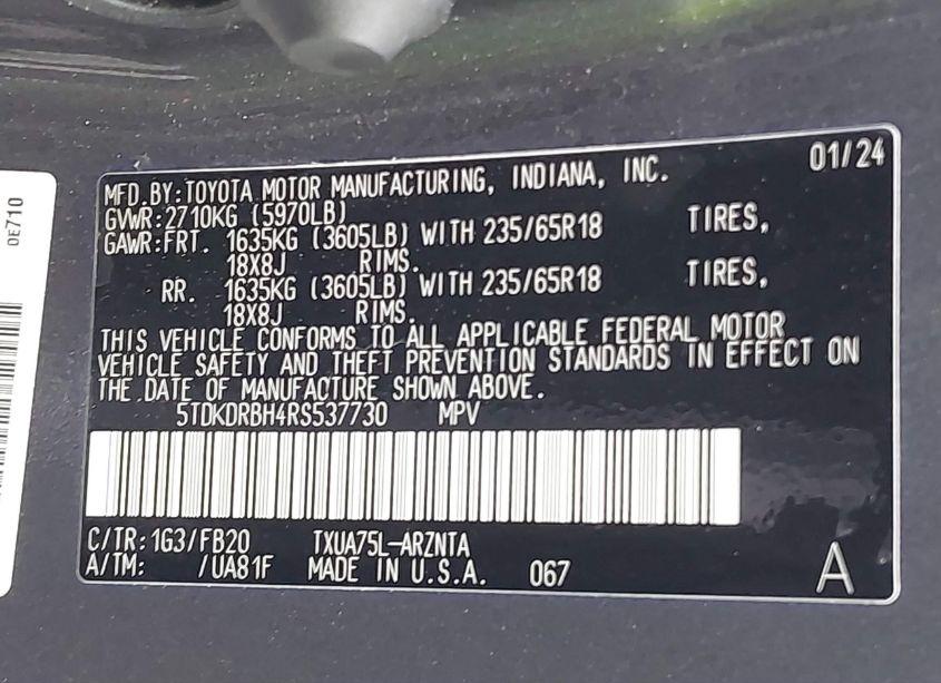 Photo 9 of 2024 Toyota Highlander LE (VIN 5TDKDRBH4RS537730)