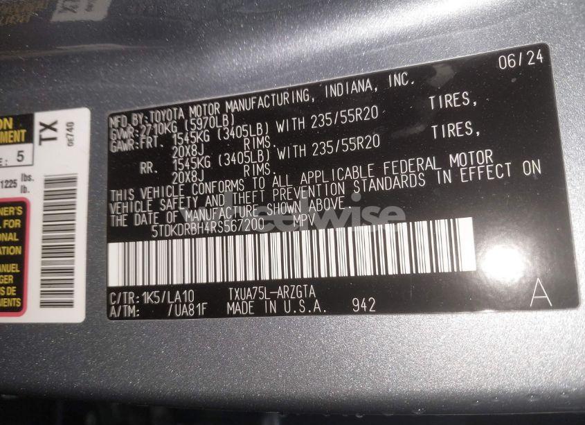 Photo 9 of 2024 Toyota Highlander PLATINUM (VIN 5TDKDRBH4RS567200)