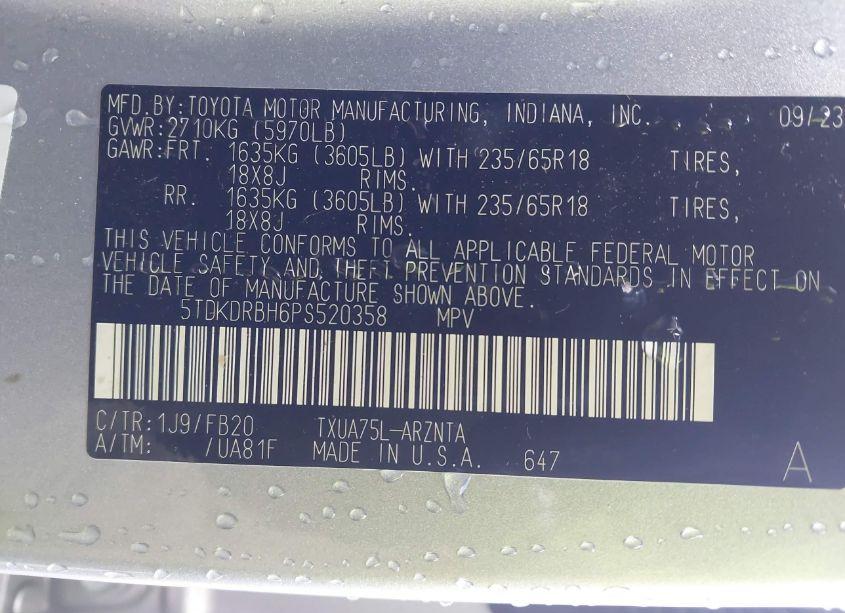 Photo 9 of 2023 Toyota Highlander LE (VIN 5TDKDRBH6PS520358)