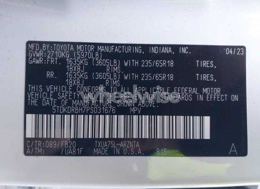 Photo 12 of 2023 Toyota Highlander LE (VIN 5TDKDRBH7PS031676)