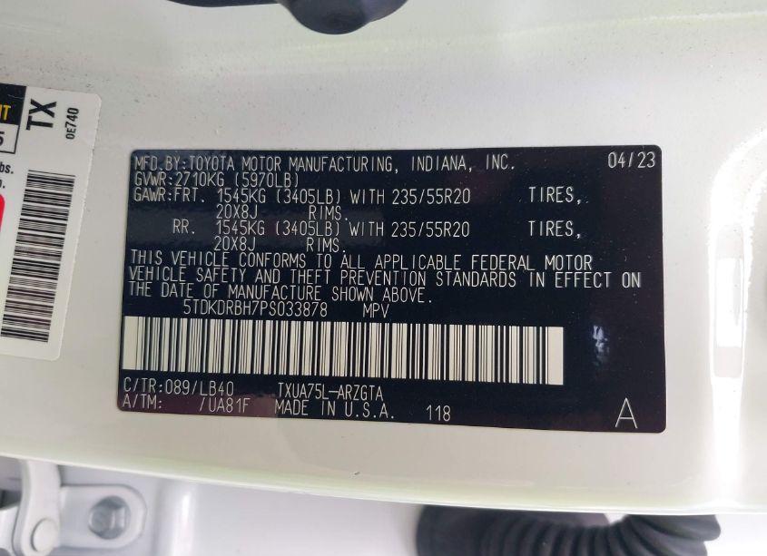 Photo 9 of 2023 Toyota Highlander LIMITED (VIN 5TDKDRBH7PS033878)