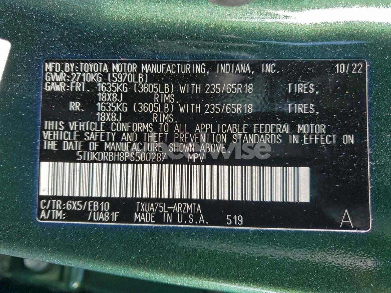 Photo 13 of 2023 TOYOTA HIGHLANDER L (VIN 5TDKDRBH8PS500287)