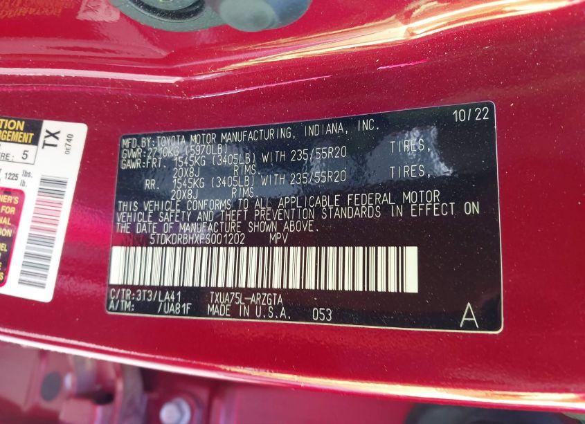 Photo 9 of 2023 Toyota Highlander PLATINUM (VIN 5TDKDRBHXPS001202)