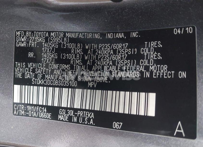 Photo 9 of 2011 Toyota Sienna LE V6 (VIN 5TDKK3DC0BS035100)
