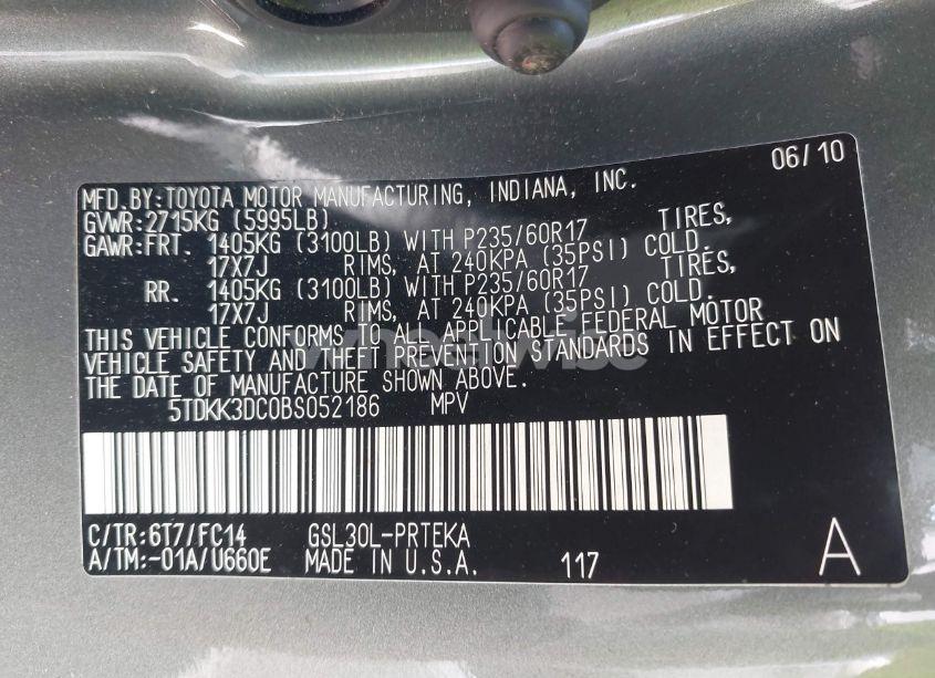 Photo 9 of 2011 Toyota Sienna LE V6 (VIN 5TDKK3DC0BS052186)