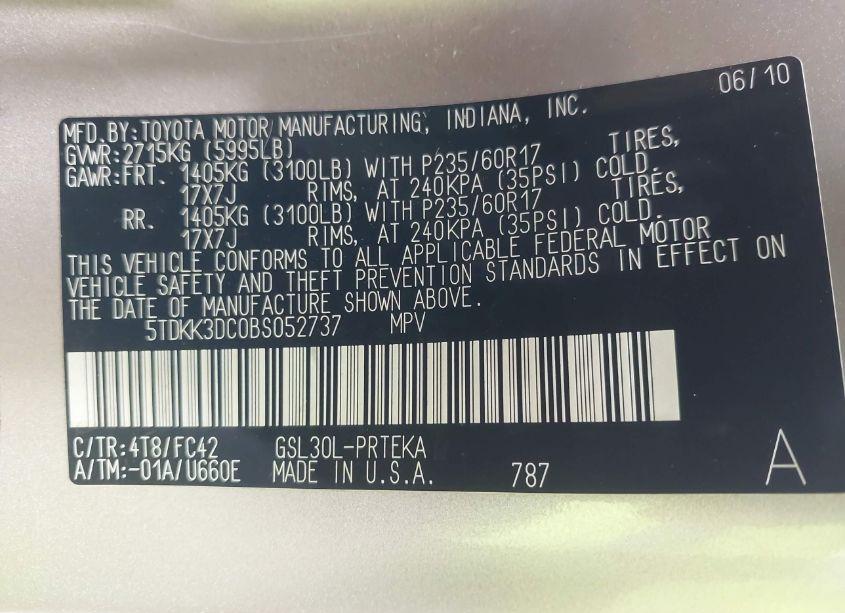 Photo 9 of 2011 Toyota Sienna LE V6 (VIN 5TDKK3DC0BS052737)