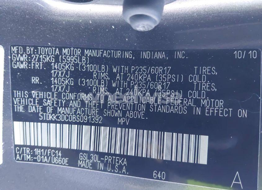 Photo 9 of 2011 Toyota Sienna LE V6 (VIN 5TDKK3DC0BS091392)