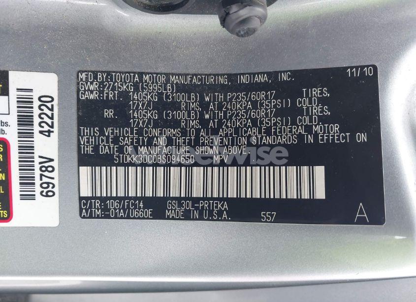 Photo 9 of 2011 Toyota Sienna LE V6 (VIN 5TDKK3DC0BS094650)