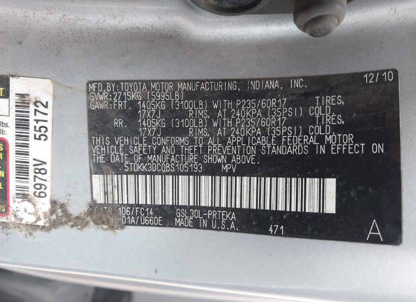 Photo 9 of 2011 Toyota Sienna LE V6 (VIN 5TDKK3DC0BS105193)