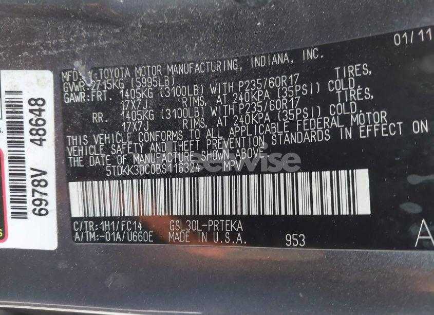 Photo 9 of 2011 Toyota Sienna LE V6 (VIN 5TDKK3DC0BS116324)