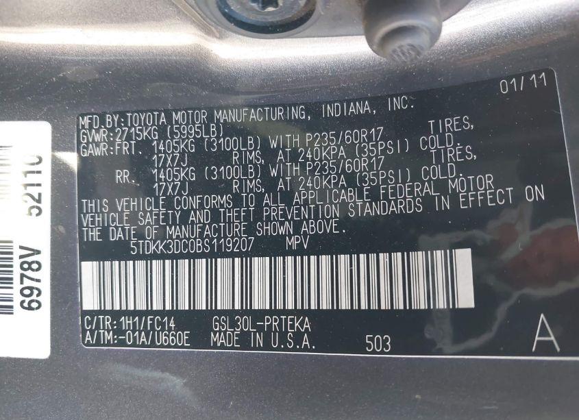 Photo 9 of 2011 Toyota Sienna LE V6 (VIN 5TDKK3DC0BS119207)