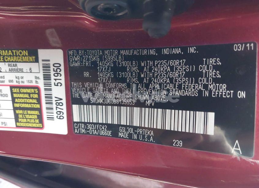 Photo 9 of 2011 Toyota Sienna LE V6 (VIN 5TDKK3DC0BS135553)