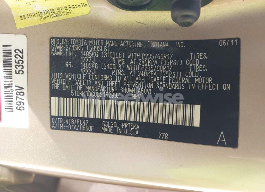 Photo 9 of 2011 Toyota Sienna LE V6 (VIN 5TDKK3DC0BS152997)