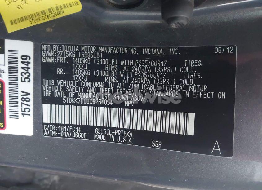 Photo 9 of 2012 Toyota Sienna LE V6 8 PASSENGER (VIN 5TDKK3DC0CS264054)