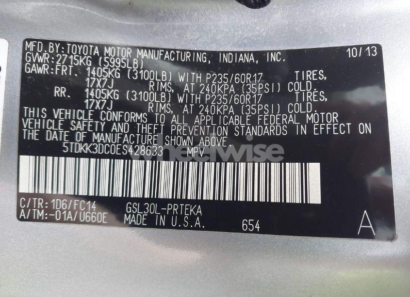 Photo 9 of 2014 Toyota Sienna LE V6 8 PASSENGER (VIN 5TDKK3DC0ES428633)