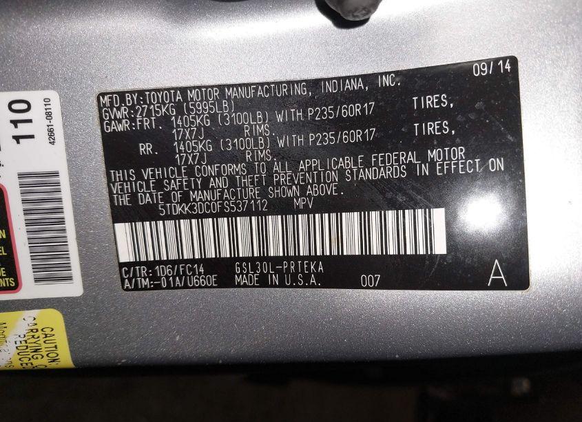 Photo 9 of 2015 Toyota Sienna LE 8 PASSENGER (VIN 5TDKK3DC0FS537112)