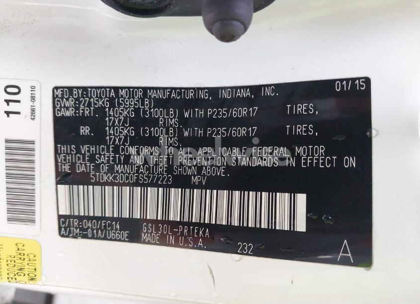 Photo 9 of 2015 Toyota Sienna LE 8 PASSENGER (VIN 5TDKK3DC0FS577223)