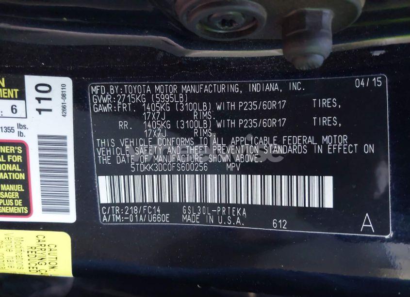 Photo 9 of 2015 Toyota Sienna LE 8 PASSENGER (VIN 5TDKK3DC0FS600256)
