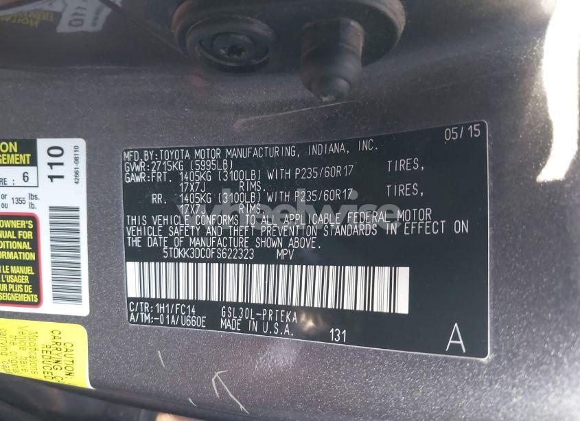 Photo 9 of 2015 Toyota Sienna LE 8 PASSENGER (VIN 5TDKK3DC0FS622323)