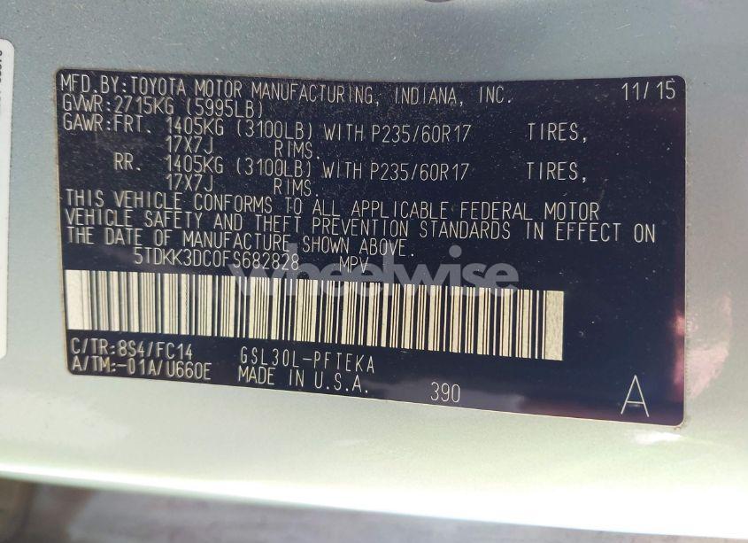 Photo 9 of 2015 Toyota Sienna LE 7 PASSENGER (VIN 5TDKK3DC0FS682828)