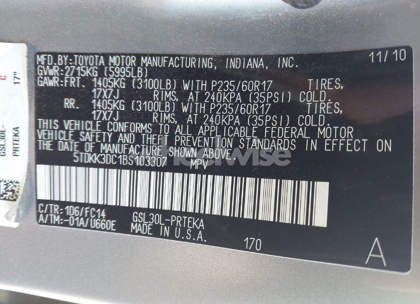 Photo 9 of 2011 Toyota Sienna LE V6 (VIN 5TDKK3DC1BS103307)