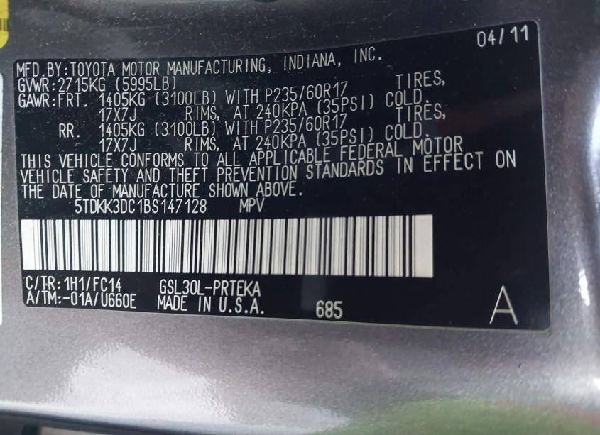 Photo 9 of 2011 Toyota Sienna LE V6 (VIN 5TDKK3DC1BS147128)