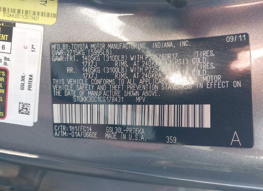 Photo 9 of 2012 Toyota Sienna LE V6 8 PASSENGER (VIN 5TDKK3DC1CS178431)