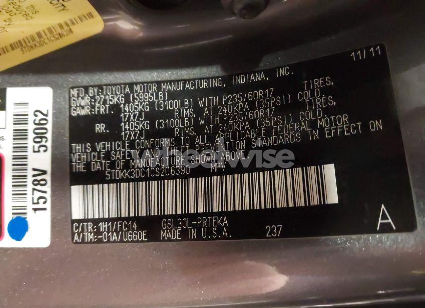 Photo 9 of 2012 Toyota Sienna LE V6 8 PASSENGER (VIN 5TDKK3DC1CS206390)