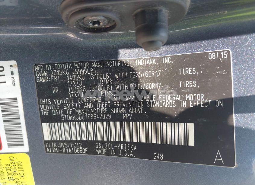 Photo 9 of 2015 Toyota Sienna LE 8 PASSENGER (VIN 5TDKK3DC1FS642029)