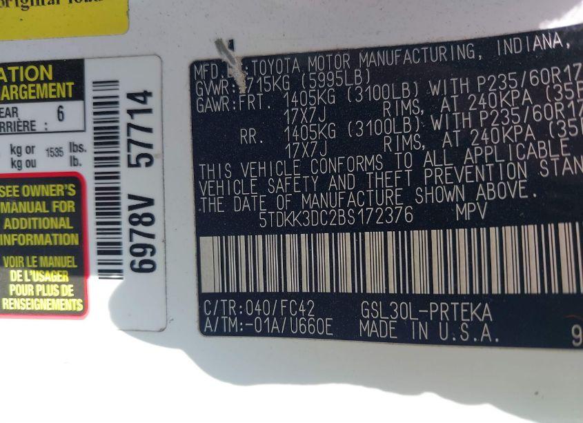 Photo 9 of 2011 Toyota Sienna LE V6 (VIN 5TDKK3DC2BS172376)