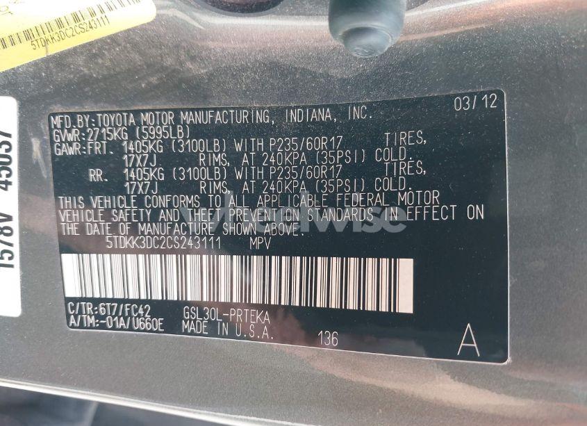 Photo 9 of 2012 Toyota Sienna LE V6 8 PASSENGER (VIN 5TDKK3DC2CS243111)