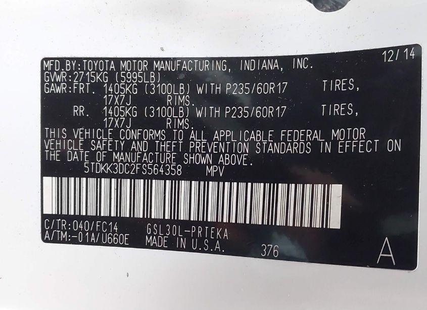 Photo 9 of 2015 Toyota Sienna LE 8 PASSENGER (VIN 5TDKK3DC2FS564358)