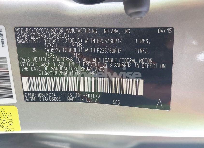 Photo 9 of 2015 Toyota Sienna LE 8 PASSENGER (VIN 5TDKK3DC2FS601019)