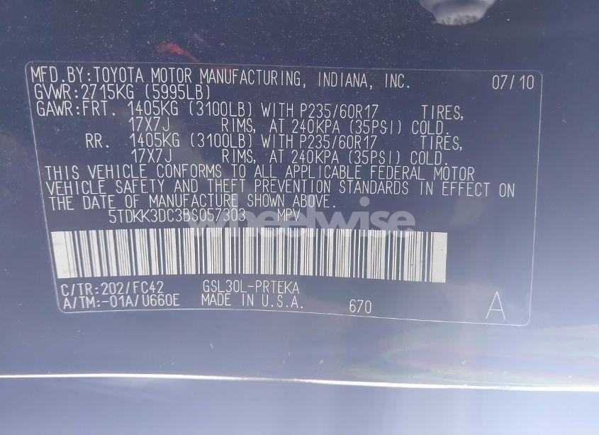 Photo 9 of 2011 Toyota Sienna LE V6 (VIN 5TDKK3DC3BS057303)