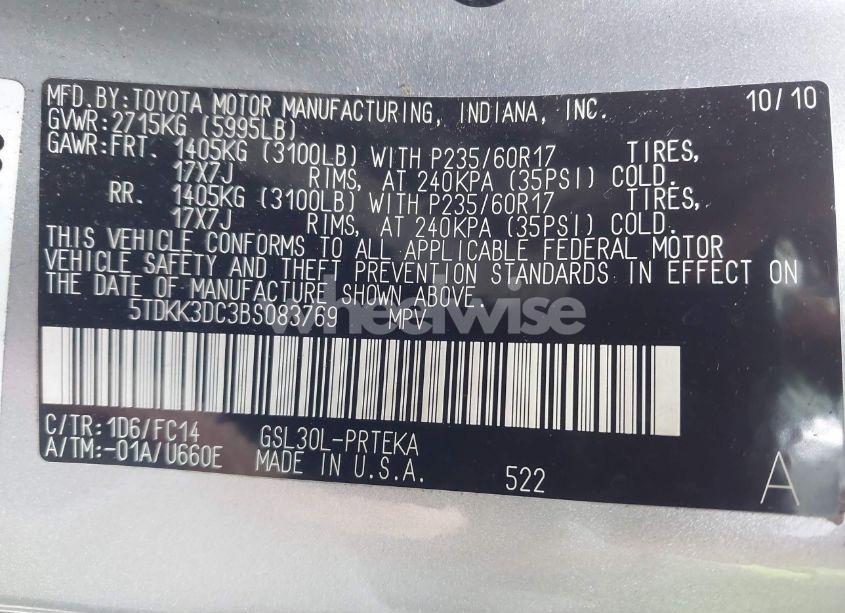 Photo 9 of 2011 Toyota Sienna LE V6 (VIN 5TDKK3DC3BS083769)