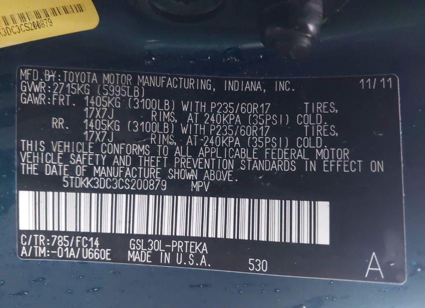 Photo 9 of 2012 Toyota Sienna LE V6 8 PASSENGER (VIN 5TDKK3DC3CS200879)