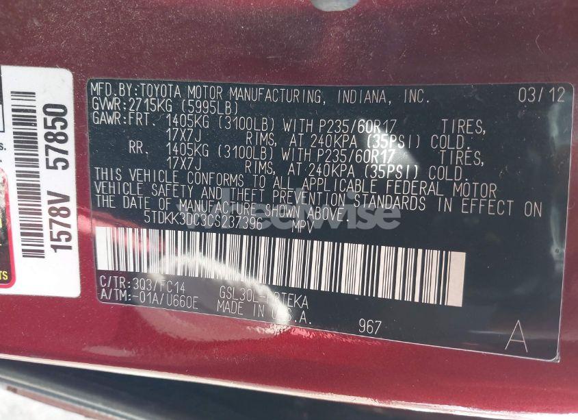 Photo 9 of 2012 Toyota Sienna LE V6 8 PASSENGER (VIN 5TDKK3DC3CS237396)