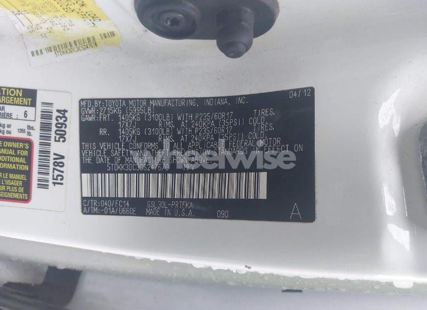 Photo 9 of 2012 Toyota Sienna LE V6 8 PASSENGER (VIN 5TDKK3DC3CS247670)