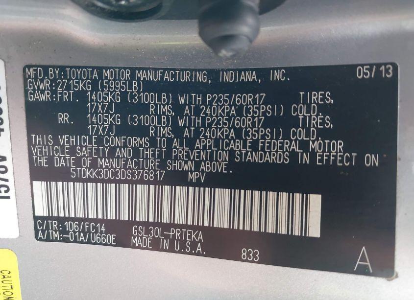 Photo 9 of 2013 Toyota Sienna LE V6 8 PASSENGER (VIN 5TDKK3DC3DS376817)