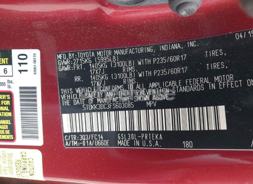 Photo 9 of 2015 Toyota Sienna LE 8 PASSENGER (VIN 5TDKK3DC3FS603085)