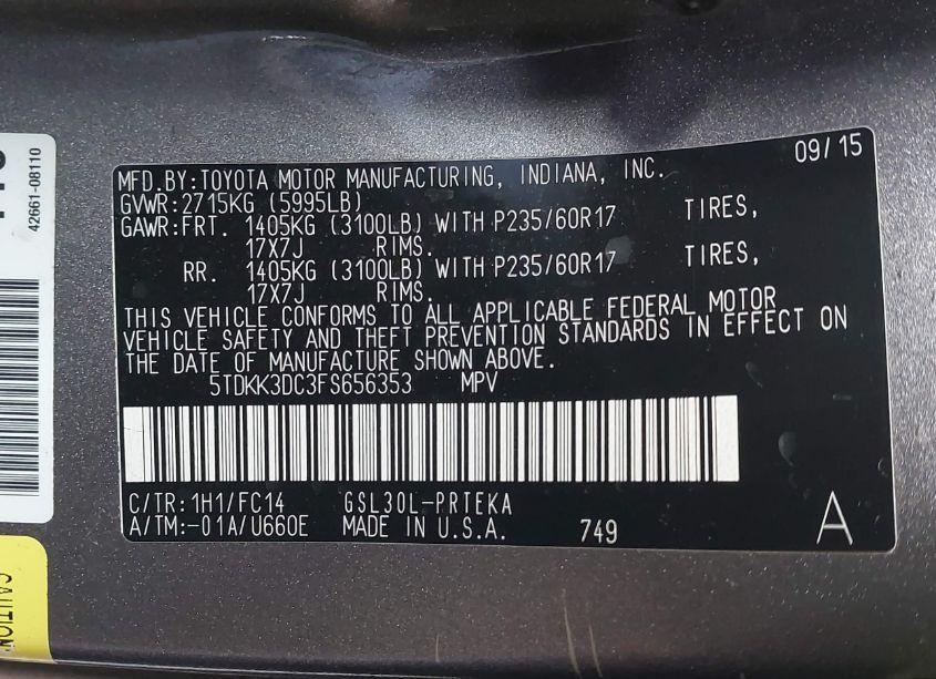 Photo 9 of 2015 Toyota Sienna LE 8 PASSENGER (VIN 5TDKK3DC3FS656353)