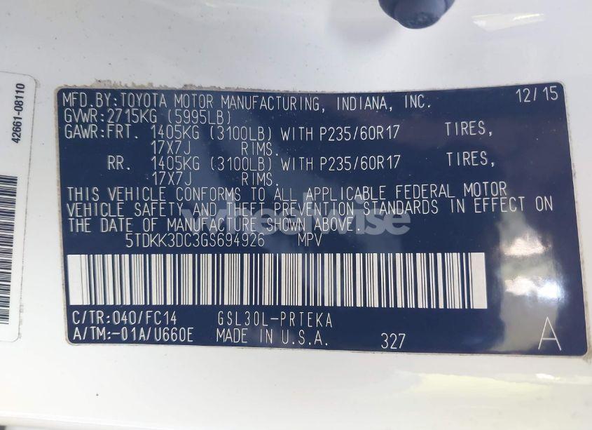 Photo 9 of 2016 Toyota Sienna LE 8 PASSENGER (VIN 5TDKK3DC3GS694926)