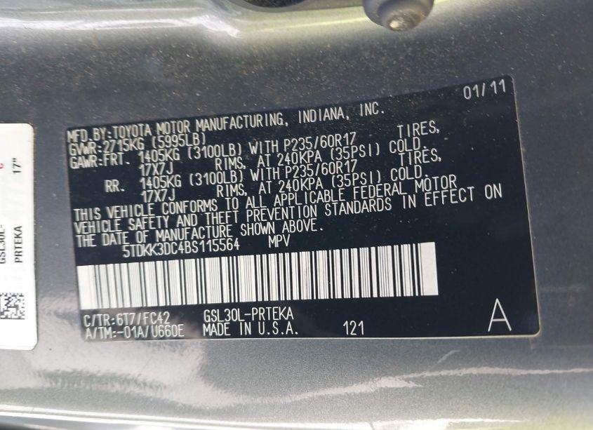 Photo 9 of 2011 Toyota Sienna LE V6 (VIN 5TDKK3DC4BS115564)