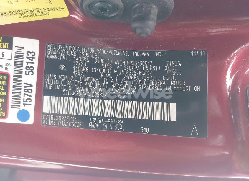 Photo 9 of 2012 Toyota Sienna LE V6 8 PASSENGER (VIN 5TDKK3DC4CS205637)