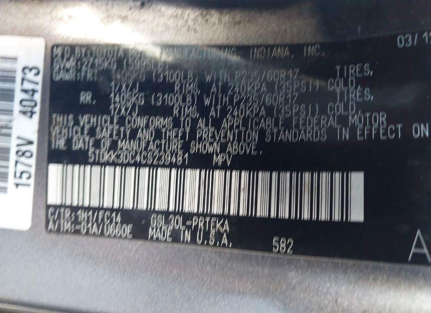 Photo 9 of 2012 Toyota Sienna LE V6 8 PASSENGER (VIN 5TDKK3DC4CS239481)