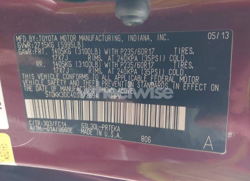 Photo 9 of 2013 Toyota Sienna LE V6 8 PASSENGER (VIN 5TDKK3DC4DS372694)