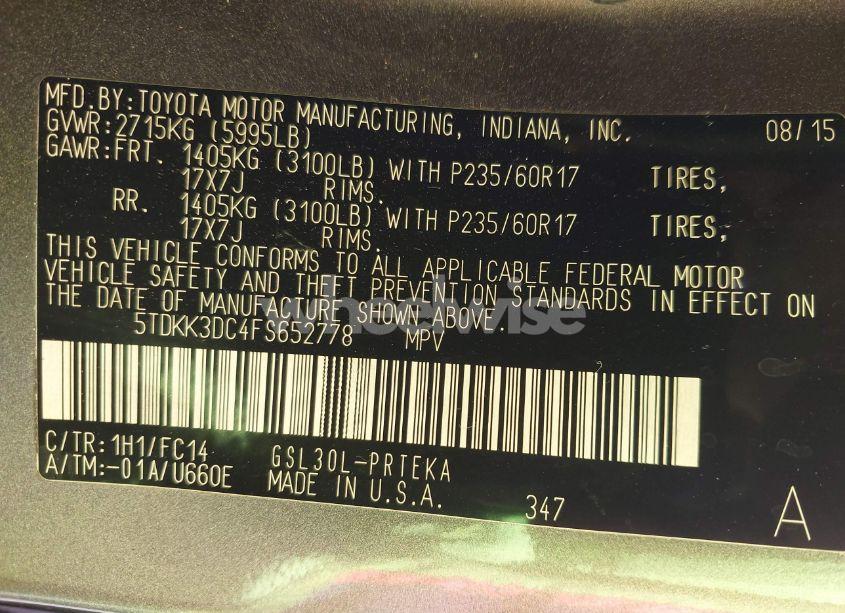 Photo 9 of 2015 Toyota Sienna LE 8 PASSENGER (VIN 5TDKK3DC4FS652778)