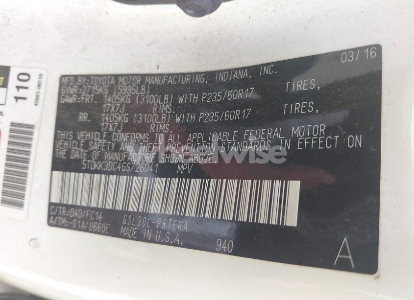 Photo 9 of 2016 Toyota Sienna LE 8 PASSENGER (VIN 5TDKK3DC4GS726041)