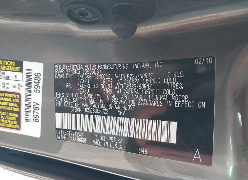 Photo 9 of 2011 Toyota Sienna LE V6 (VIN 5TDKK3DC5BS009625)