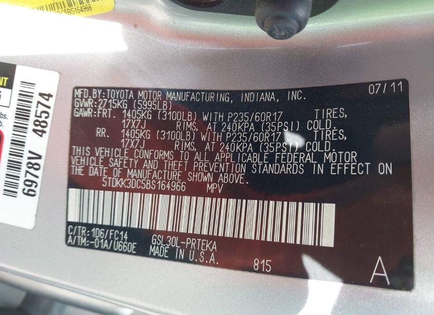 Photo 9 of 2011 Toyota Sienna LE V6 (VIN 5TDKK3DC5BS164966)